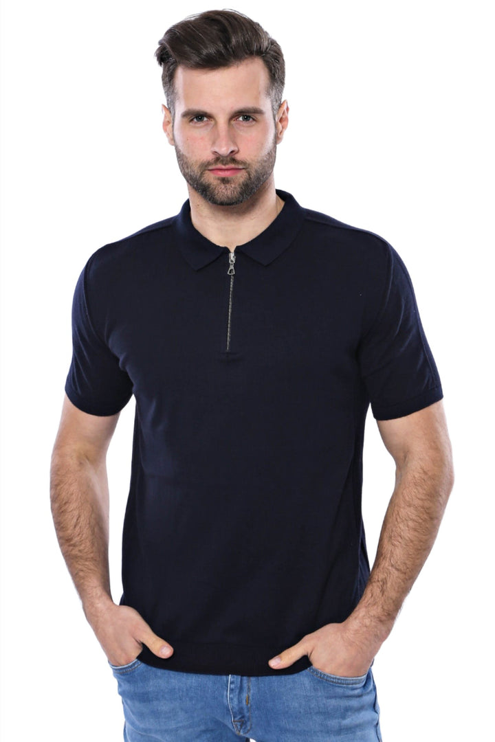 T-Shirt Homme Col Polo Uni Marine Tricoté Bleu - Wessi