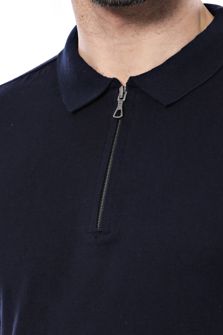 T-Shirt Homme Col Polo Uni Marine Tricoté Bleu - Wessi