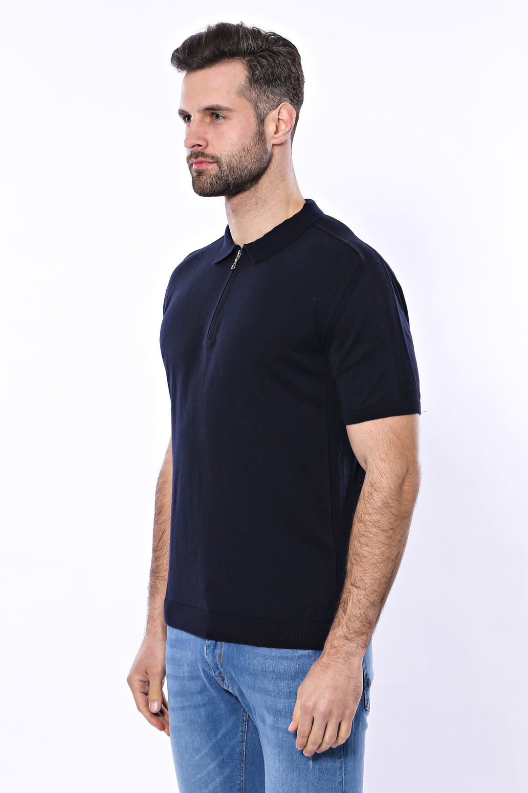 Polo Neck Plain Navy Knitted Blue Men T-Shirt - Wessi