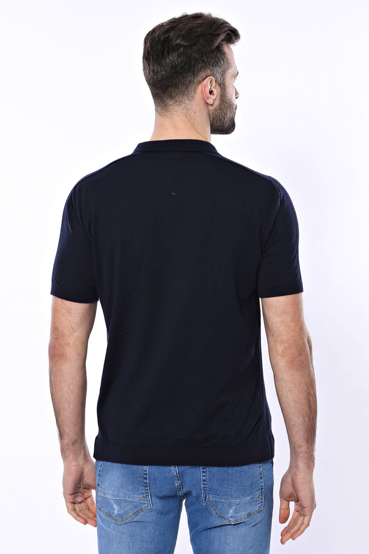T-Shirt Homme Col Polo Uni Marine Tricoté Bleu - Wessi