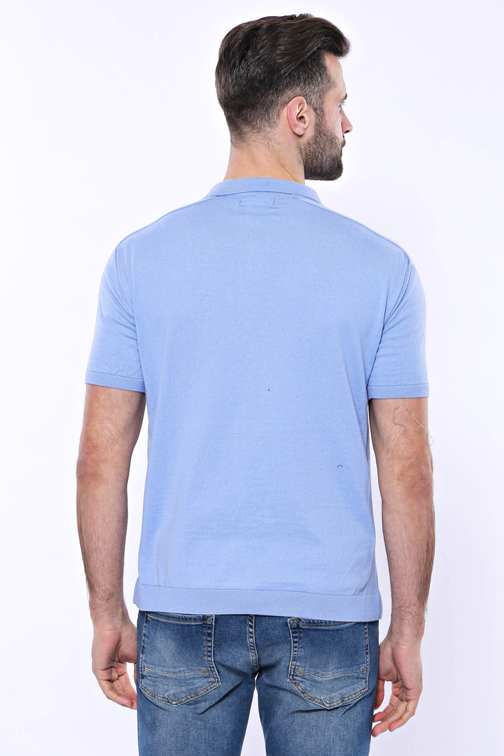Polo Neck Plain Sky Blue Knitted T-Shirt - Wessi