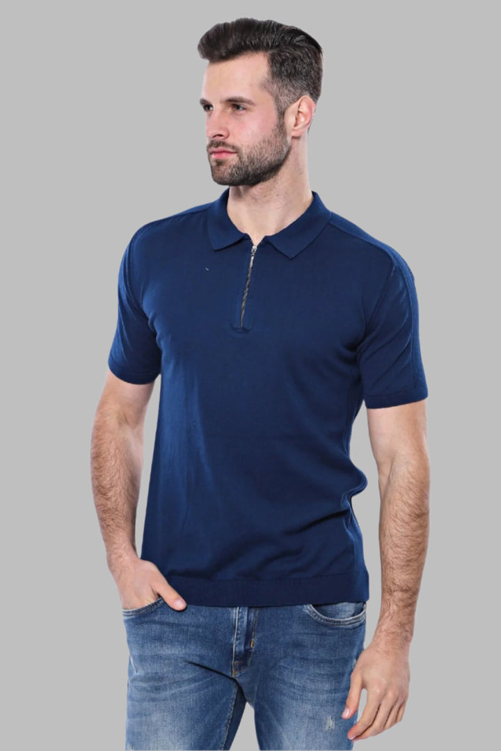 Polo Neck Plain Blue Knitted T-Shirt - Wessi