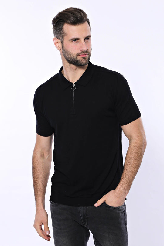 Polo Neck Plain Black Knitted T-Shirt - Wessi