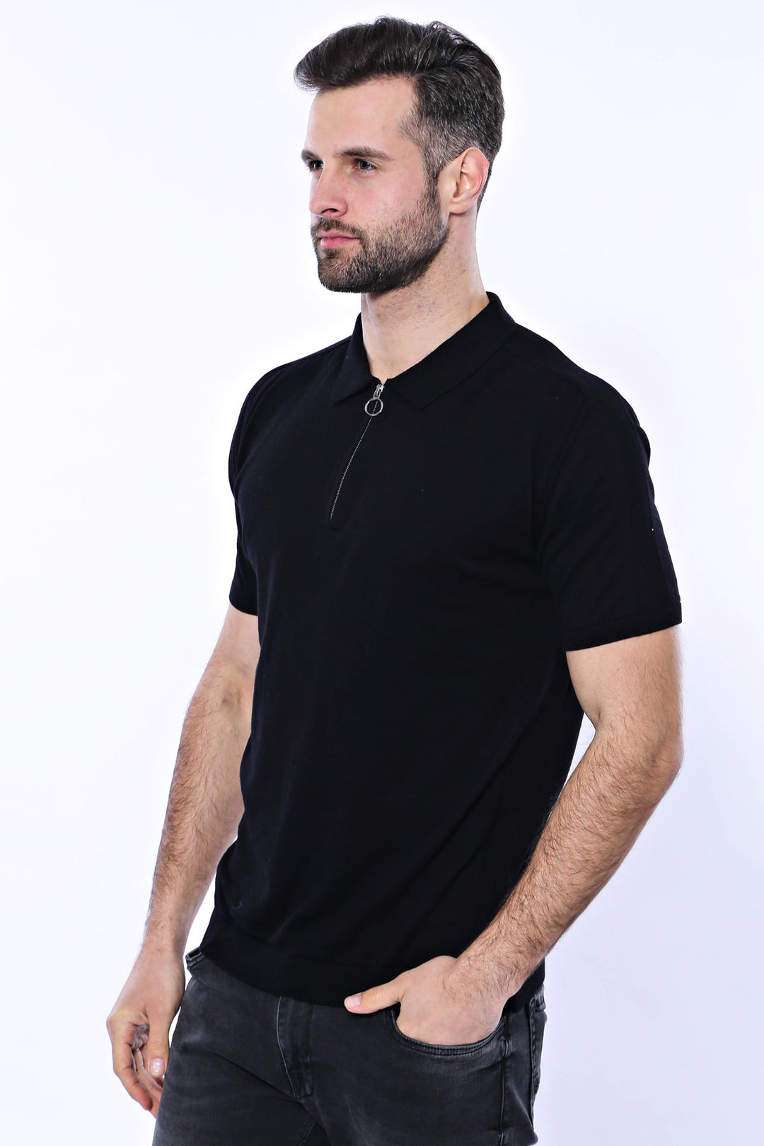 Polo Neck Plain Black Knitted T-Shirt - Wessi