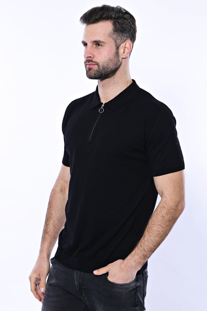 Polo Neck Plain Black Knitted T-Shirt - Wessi