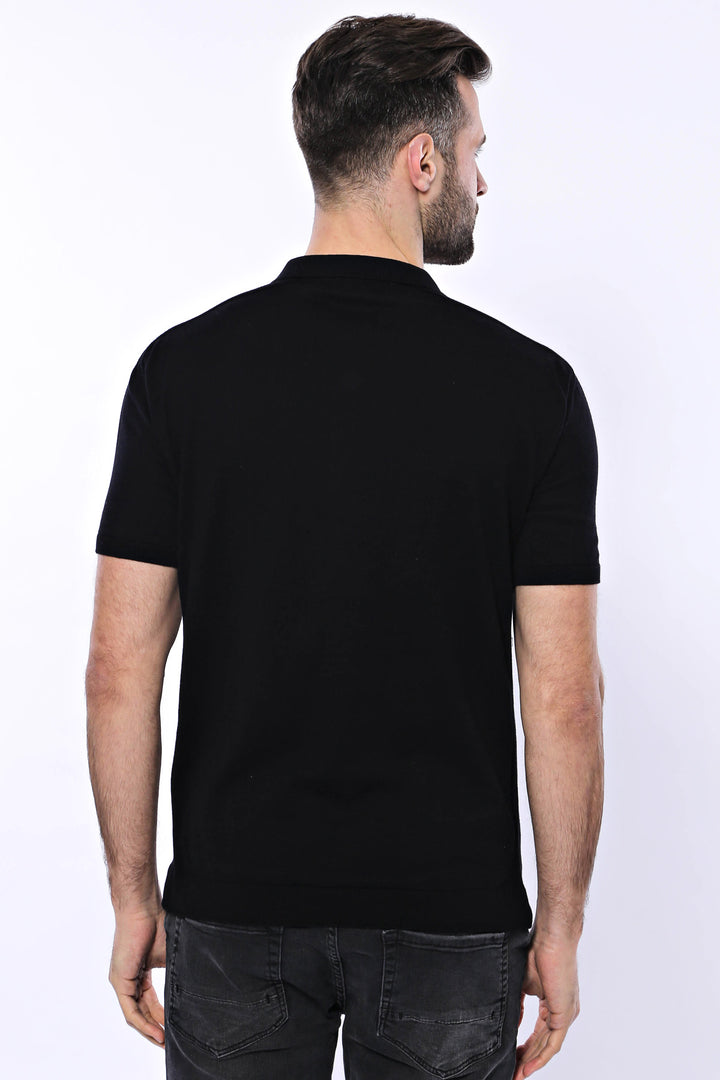 Polo Neck Plain Black Knitted T-Shirt - Wessi