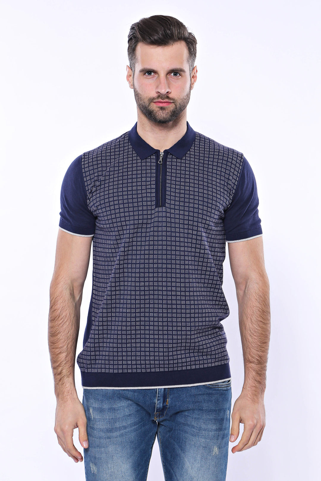 Navy Plaid Zippered Knitted Polo T-Shirt | Wessi