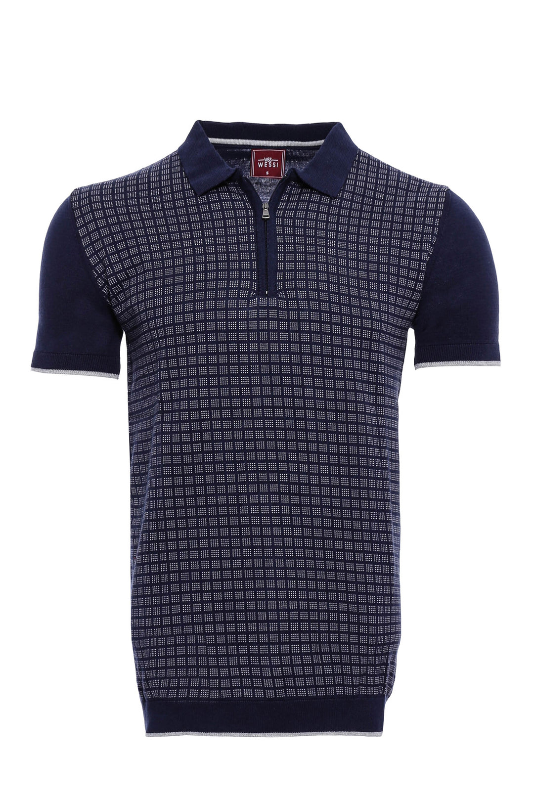 T-shirt polo en maille à fermeture éclair à carreaux bleu marine | Wess