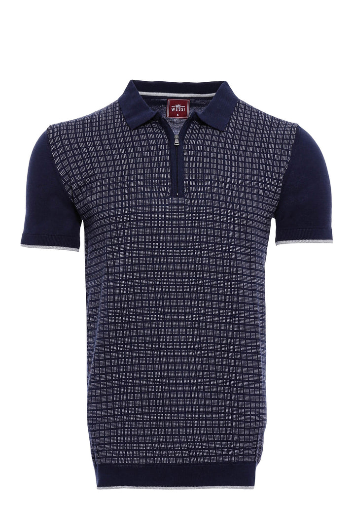T-shirt polo en maille à fermeture éclair à carreaux bleu marine | Wess