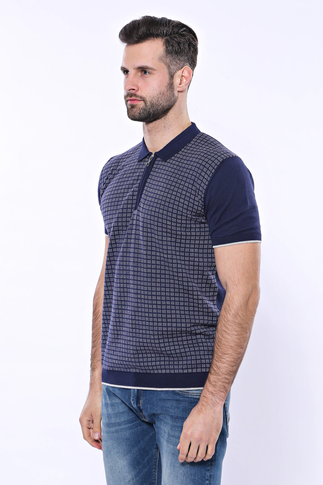 Navy Plaid Zippered Knitted Polo T-Shirt | Wessi