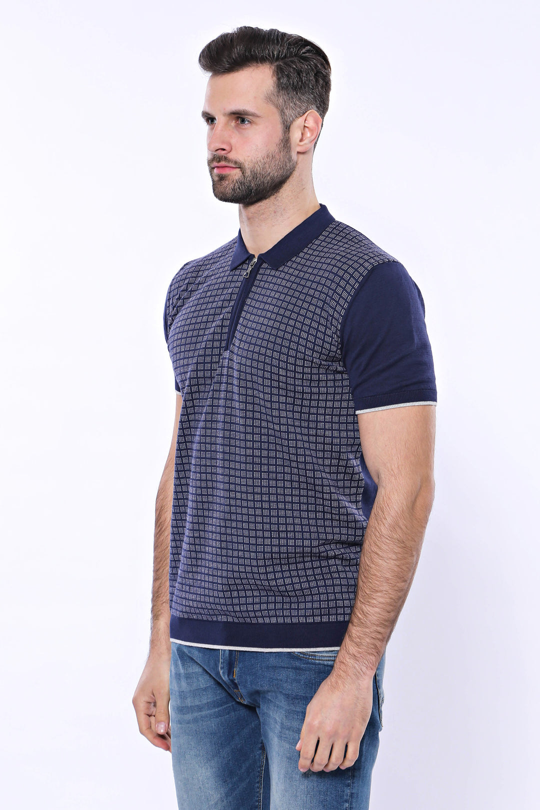 T-shirt polo en maille à fermeture éclair à carreaux bleu marine | Wess