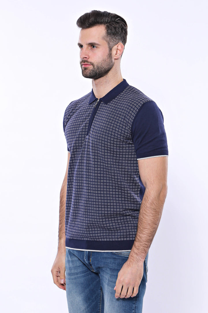 Navy Plaid Zippered Knitted Polo T-Shirt | Wessi