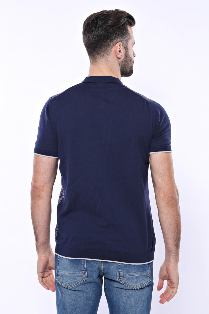 T-shirt polo en maille à fermeture éclair à carreaux bleu marine | Wess