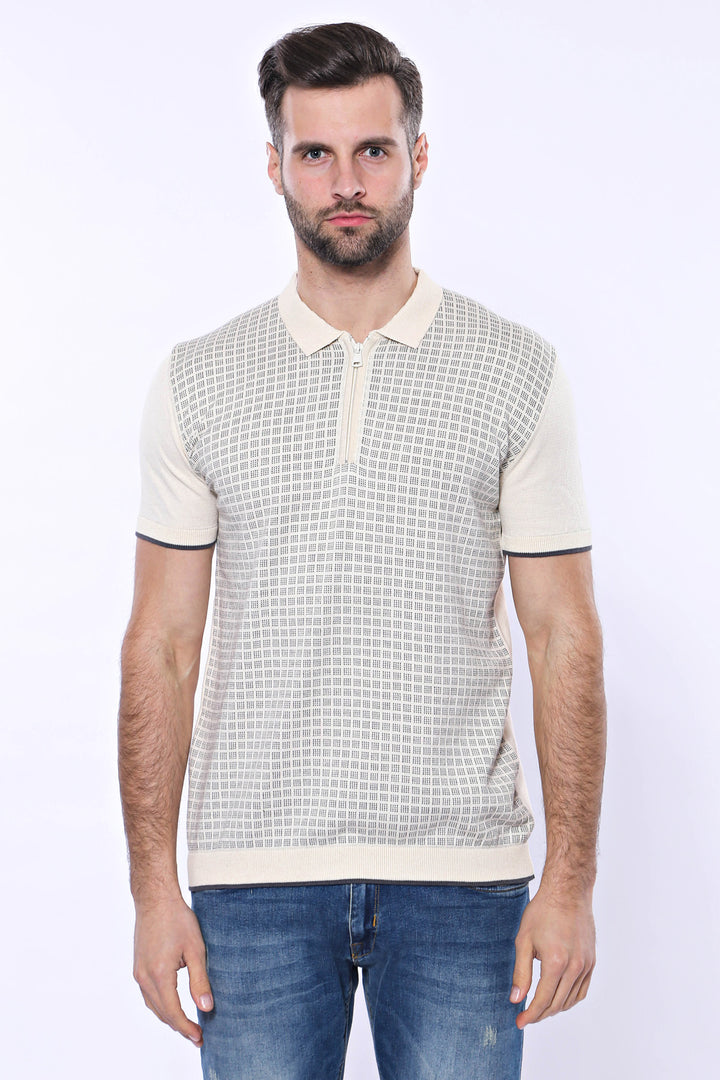 Cream Plaid Zippered Polo Knitted T-Shirt | Wessi