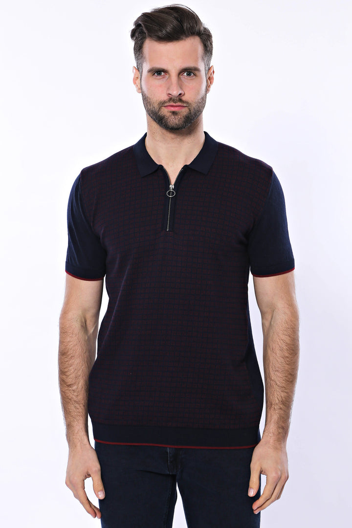Dark Blue Plaid Zippered Knitted Polo T-Shirt - Wessi