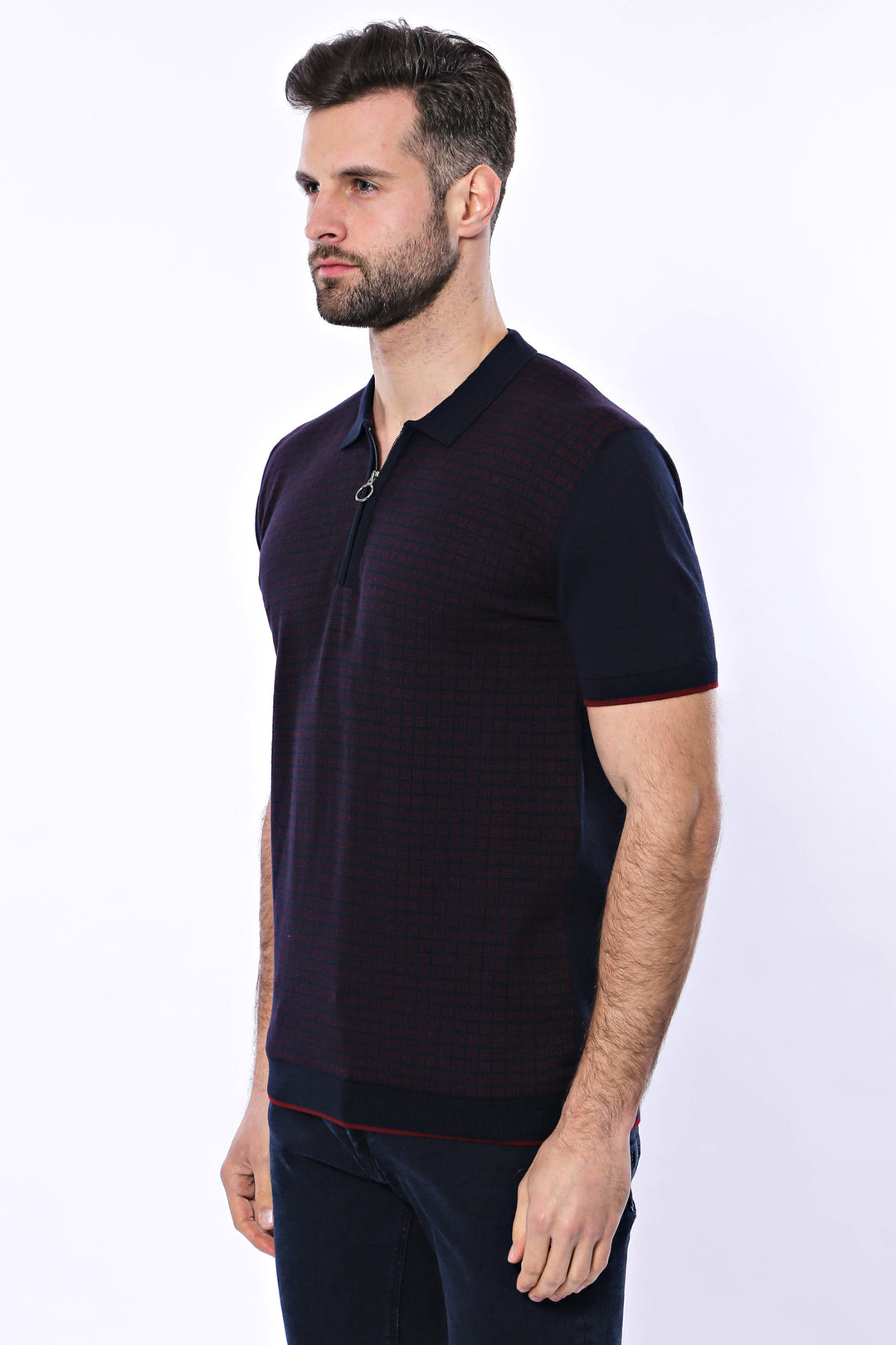 Dark Blue Plaid Zippered Knitted Polo T-Shirt - Wessi