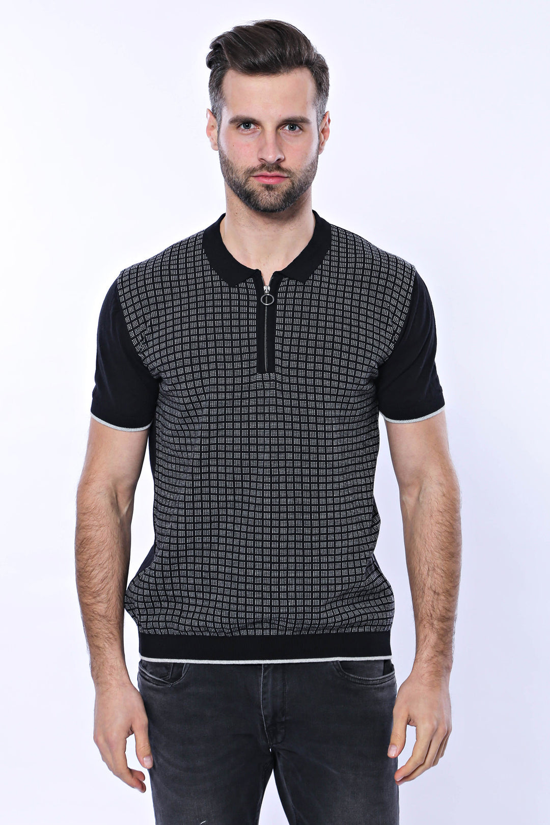 Black Plaid Zippered Polo Knitted T-Shirt | Wessi