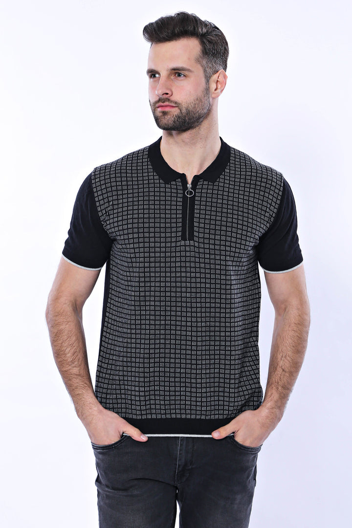 Black Plaid Zippered Polo Knitted T-Shirt | Wessi