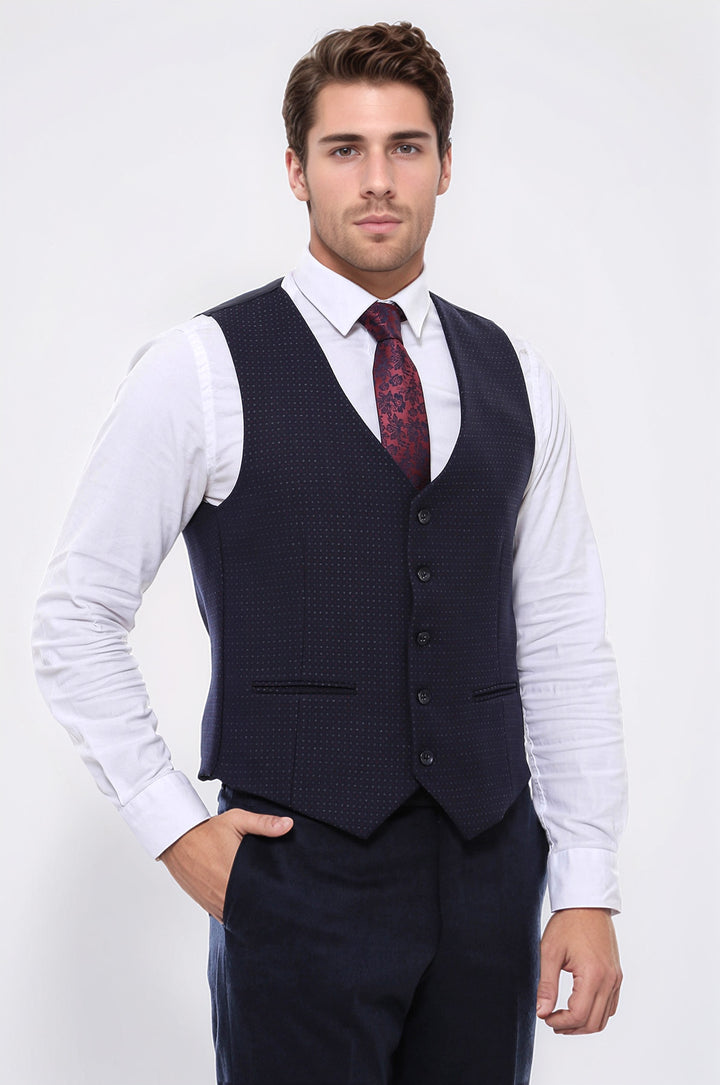 Dot Patterned Navy Blue Vest - Wessi