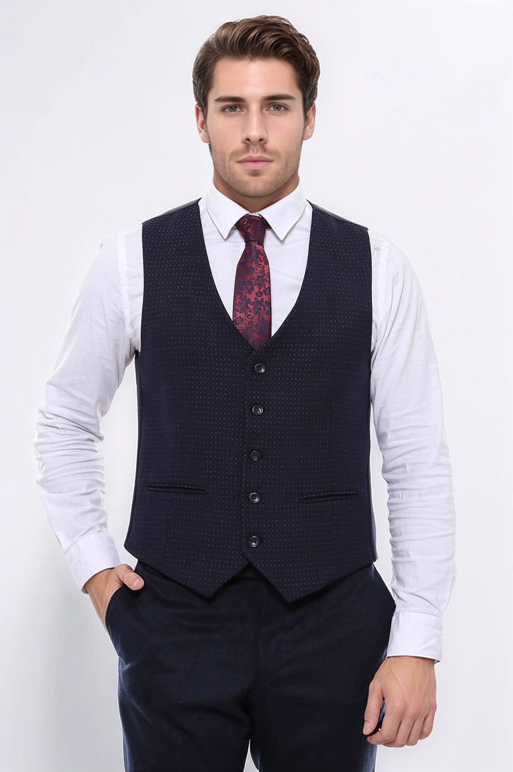 Dot Patterned Navy Blue Vest - Wessi