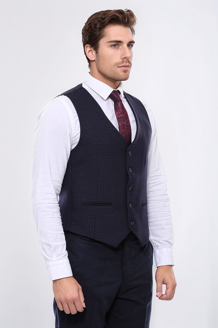Dot Patterned Navy Blue Vest - Wessi