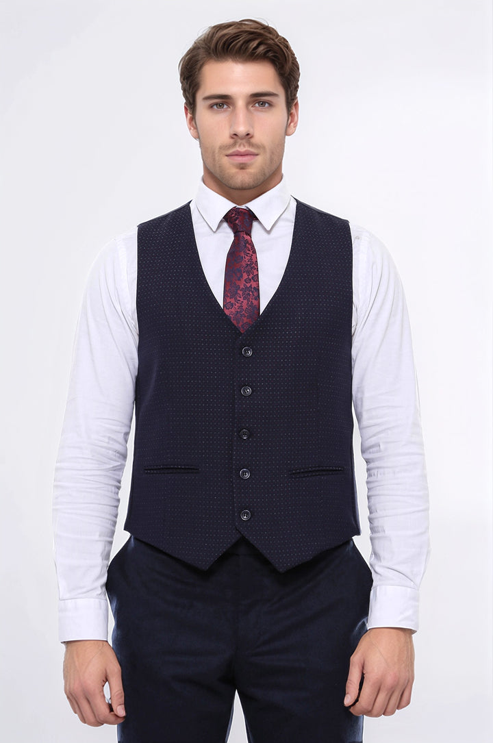 Dot Patterned Navy Blue Vest - Wessi