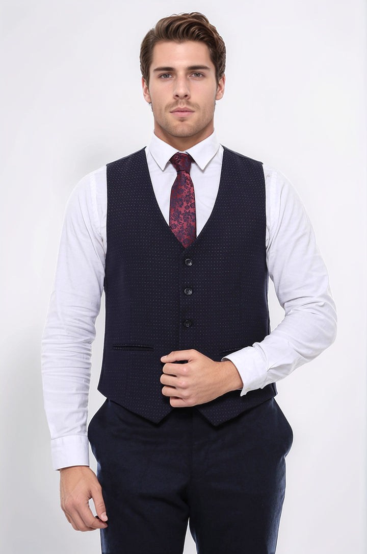 Dot Patterned Navy Blue Vest - Wessi