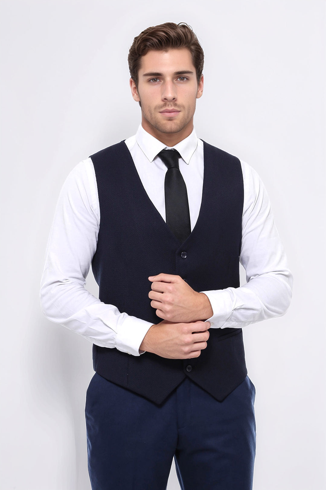 Patterned Navy Blue V Neck Vest - Wessi