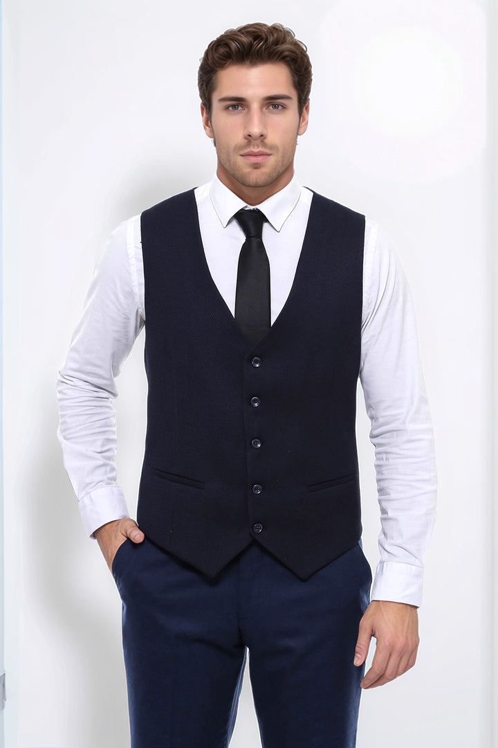 Patterned Navy Blue V Neck Vest - Wessi