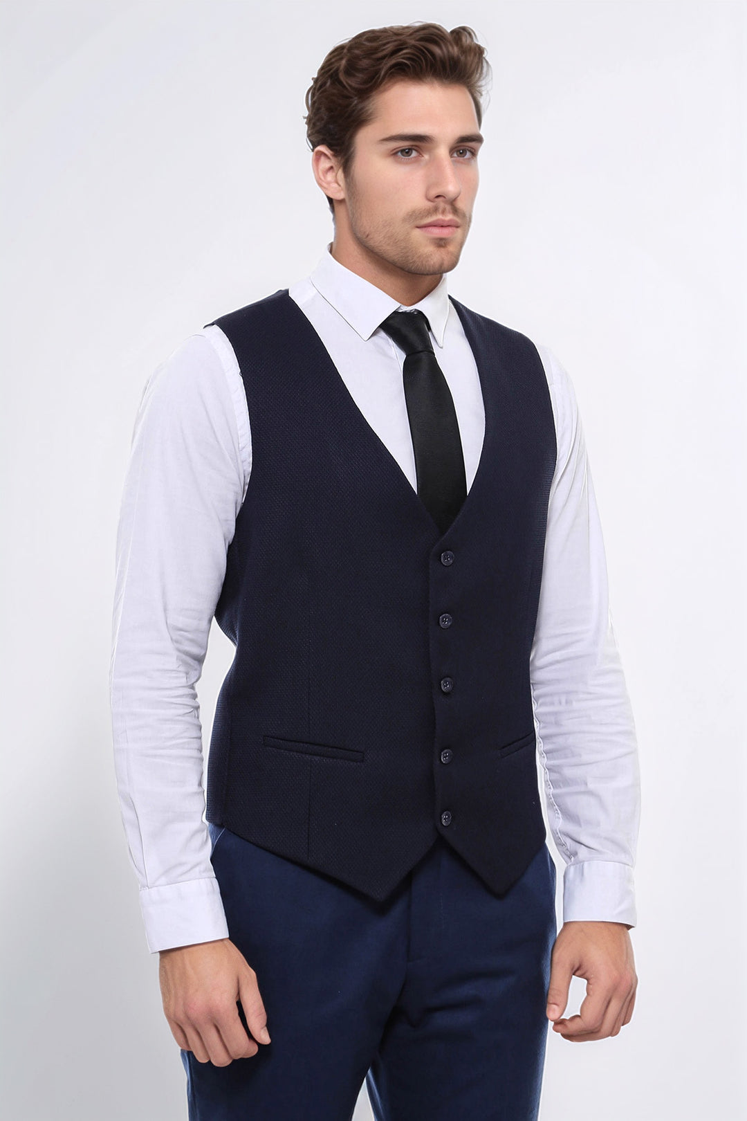 Patterned Navy Blue V Neck Vest - Wessi