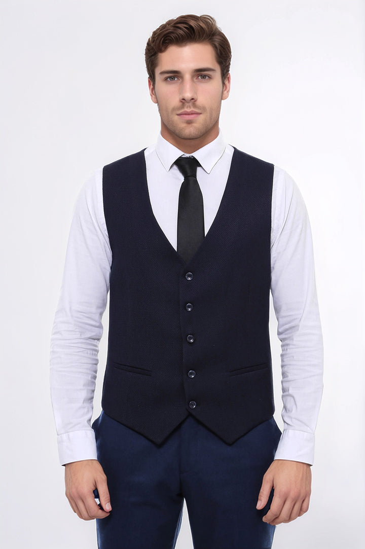 Patterned Navy Blue V Neck Vest - Wessi