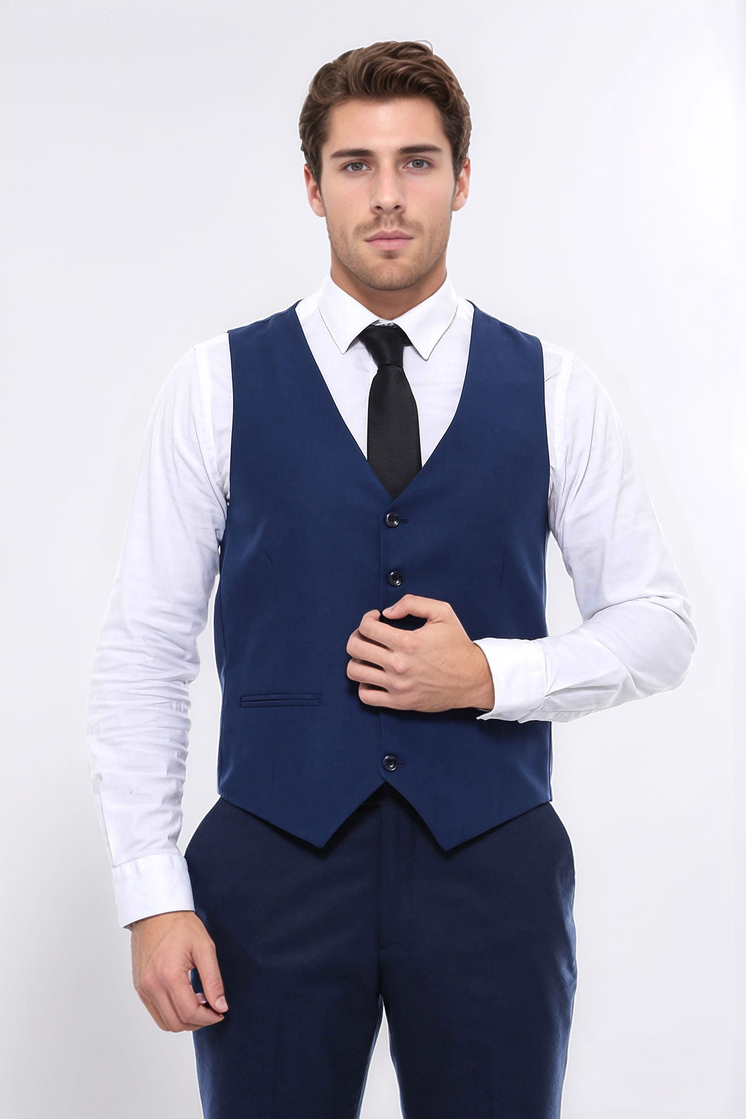 Plain Slim Fit Navy Blue Men Vest - Wessi