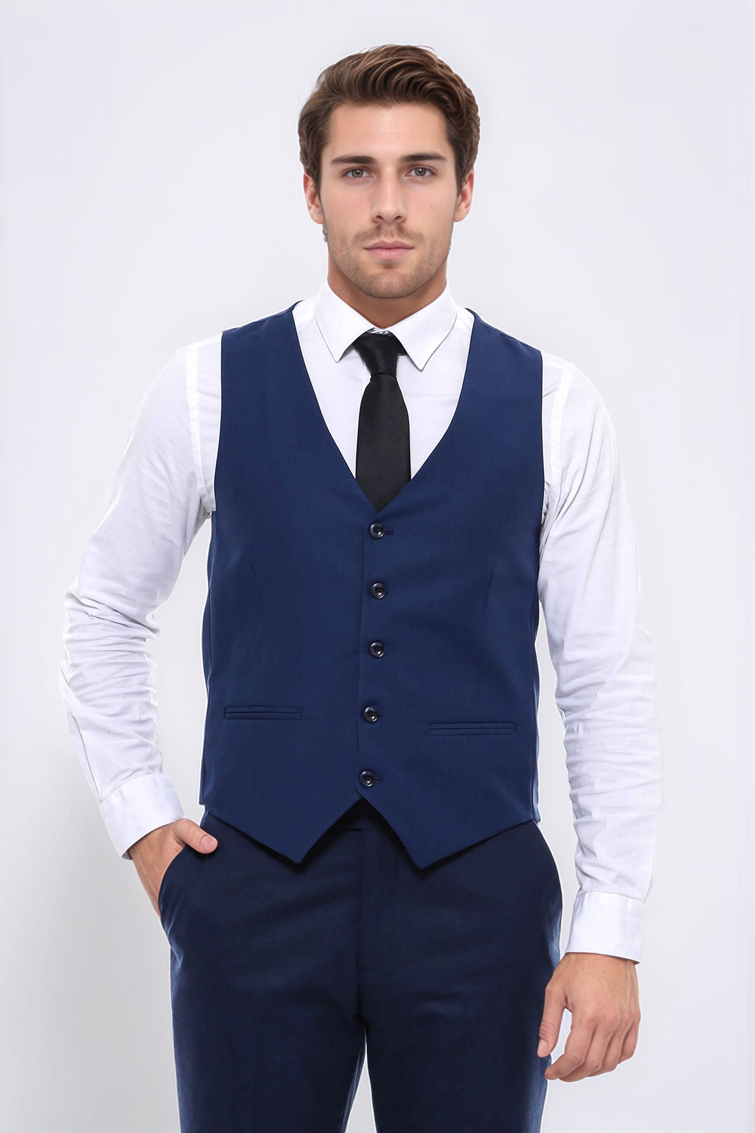 Plain Slim Fit Navy Blue Men Vest - Wessi