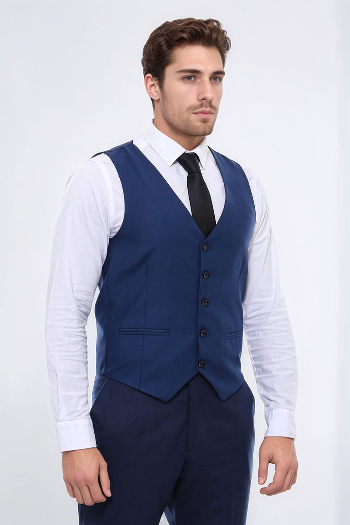 Plain Slim Fit Navy Blue Men Vest - Wessi