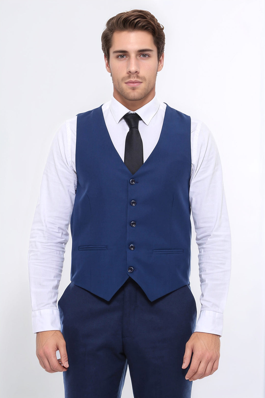 Plain Slim Fit Navy Blue Men Vest - Wessi
