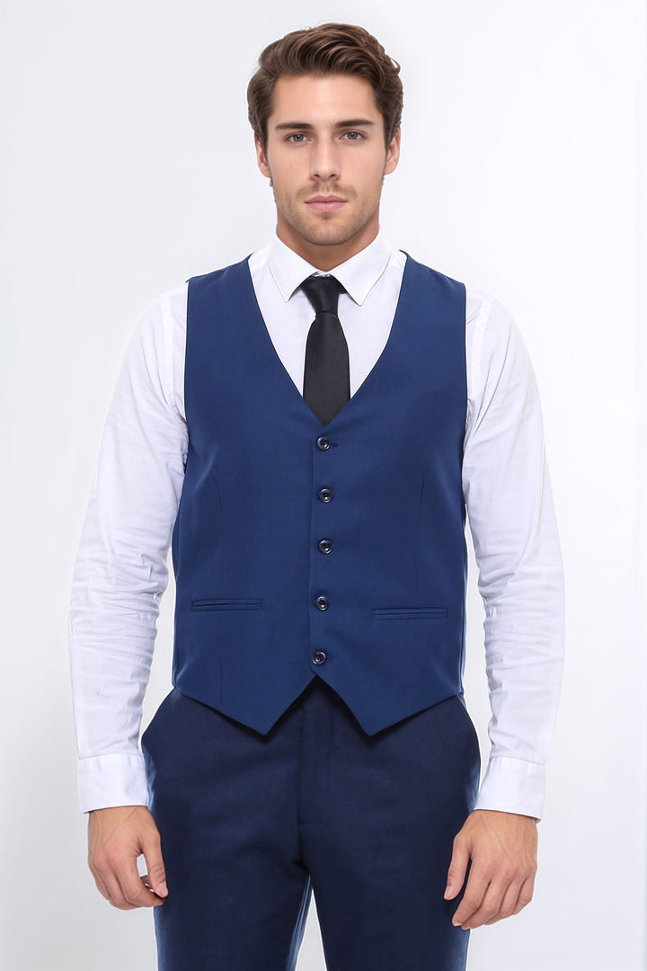 Plain Slim Fit Navy Blue Men Vest - Wessi