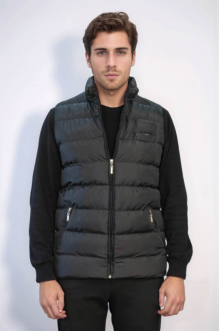 Zippered Pockets Quilted Black Men Winter Down Vest - Wessi