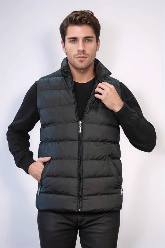 Chaleco de plumas de invierno para hombre negro acolchado con bolsillos con cremallera - Wessi