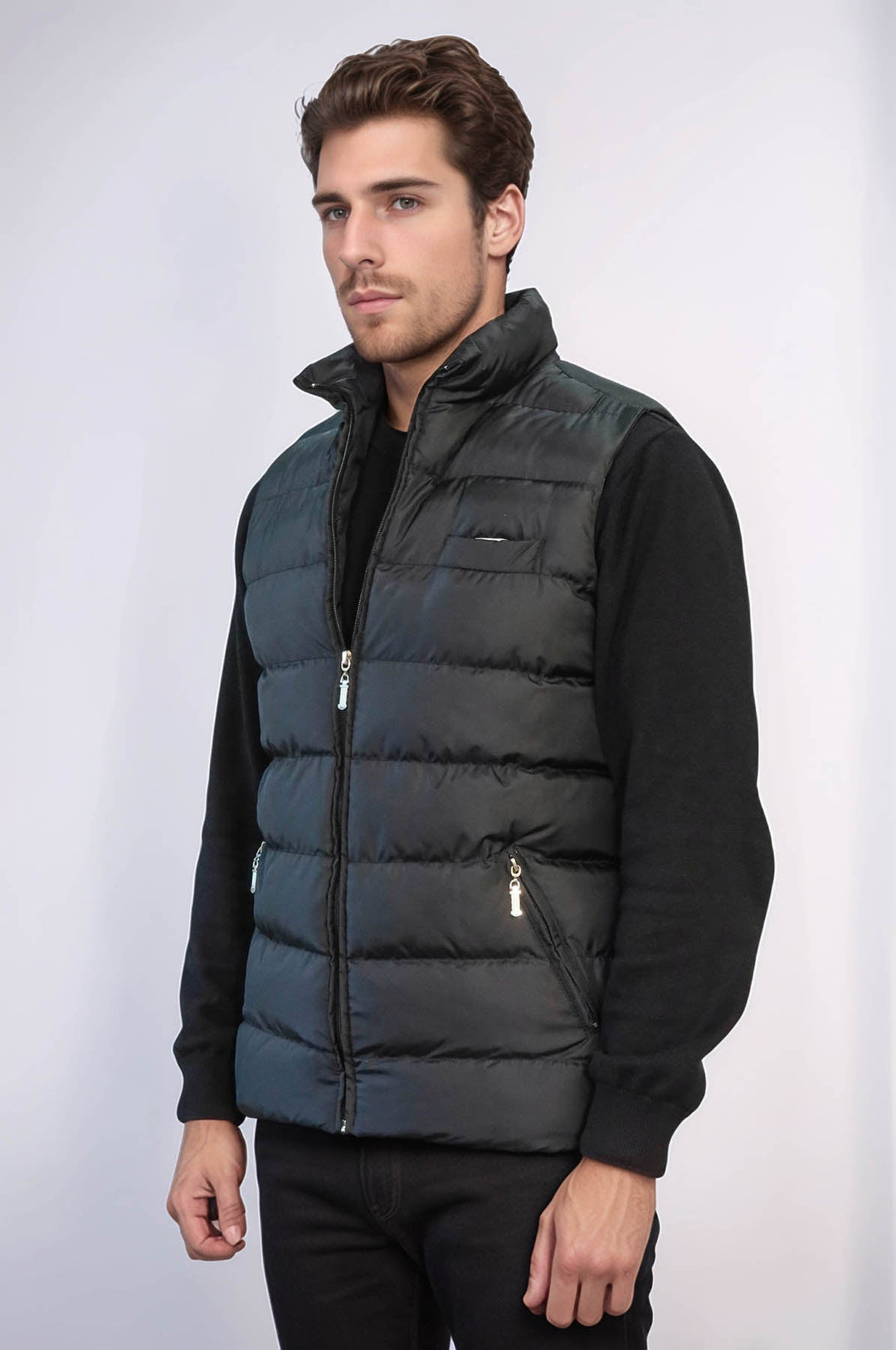 Zippered Pockets Quilted Black Men Winter Down Vest - Wessi