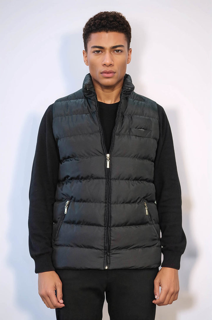 Zippered Pockets Quilted Black Men Winter Down Vest - Wessi