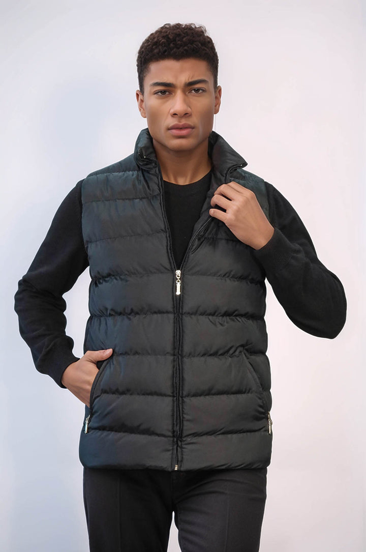 Zippered Pockets Quilted Black Men Winter Down Vest - Wessi