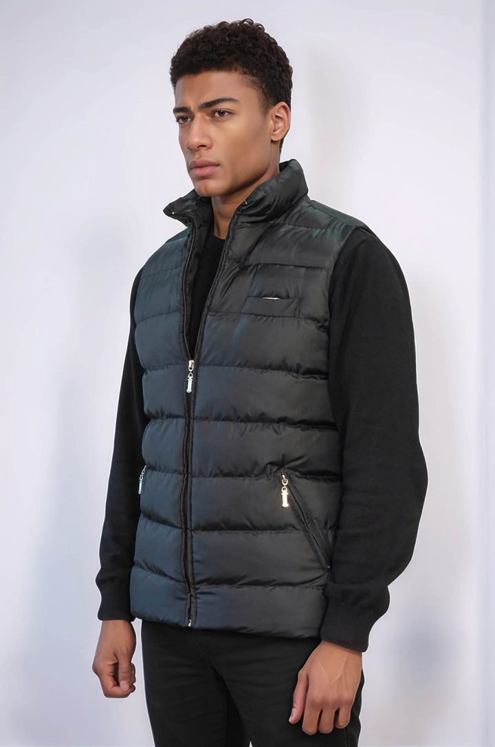Zippered Pockets Quilted Black Men Winter Down Vest - Wessi