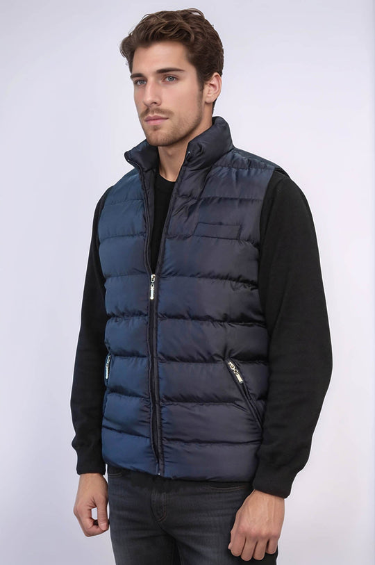 Zippered Pockets Quilted Navy Blue Men Winter Down Vest - Wessi