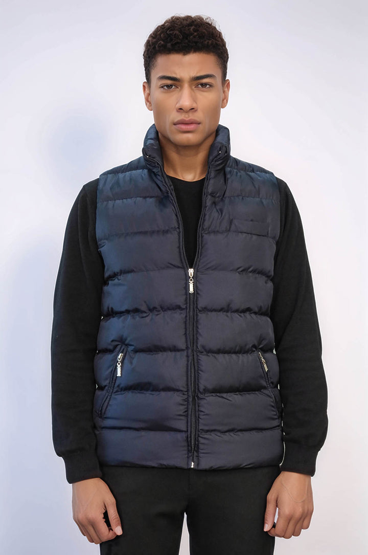 Zippered Pockets Quilted Navy Blue Men Winter Down Vest - Wessi