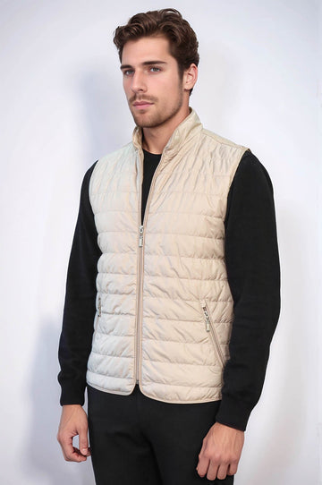 Quilted Sleeveless Beige Men Down Vest - Wessi