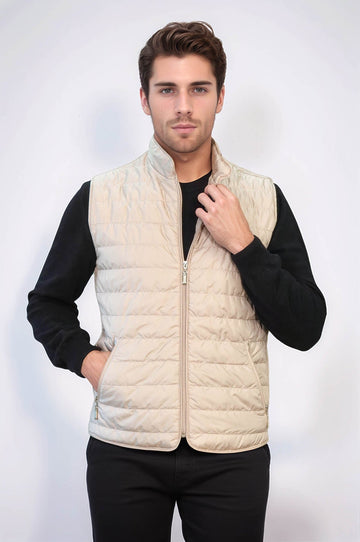 Quilted Sleeveless Beige Men Down Vest - Wessi