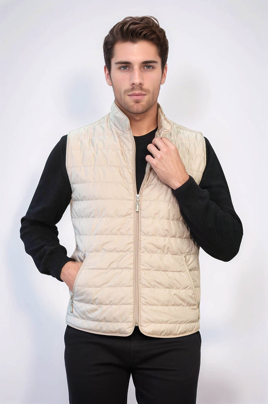 Quilted Sleeveless Beige Men Down Vest - Wessi