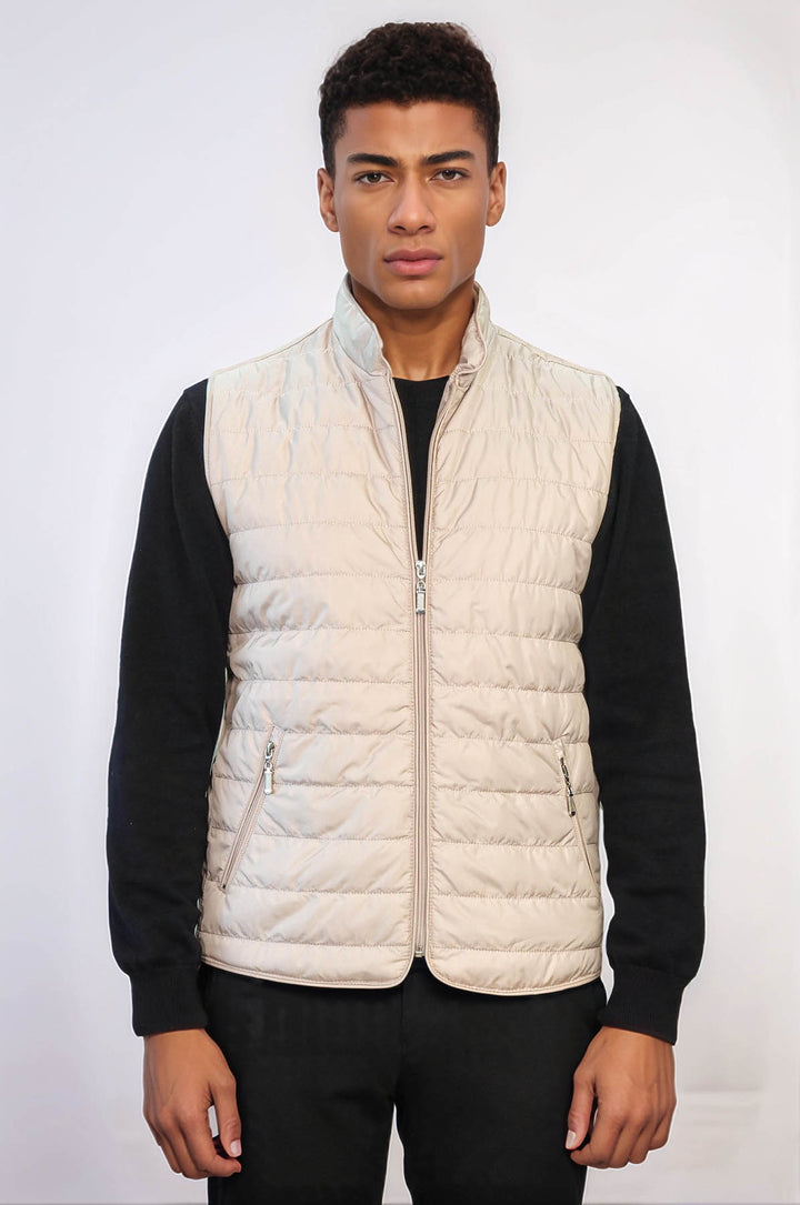 Quilted Sleeveless Beige Men Down Vest - Wessi