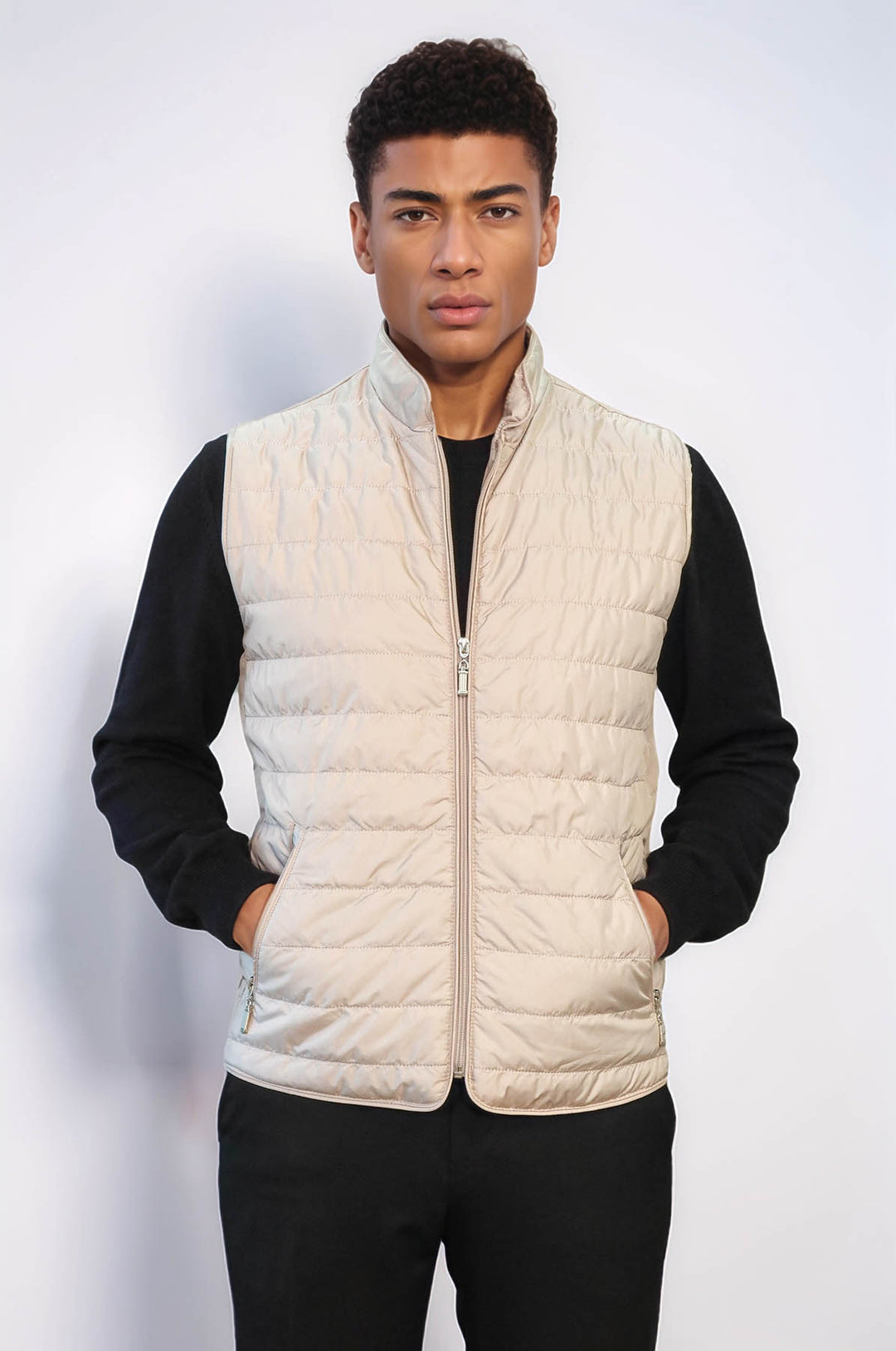Quilted Sleeveless Beige Men Down Vest - Wessi