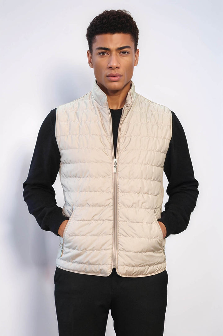 Quilted Sleeveless Beige Men Down Vest - Wessi